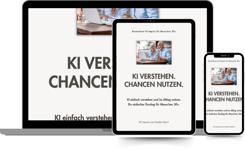 Kostenloser KI-Leitfaden für Anfänger ab 50 auf Laptop, Tablet und Smartphone